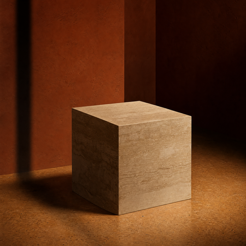 A square travertine side table in a warm beige/tan color, set against a textured terracotta and dark brown background with dramatic directional lighting.