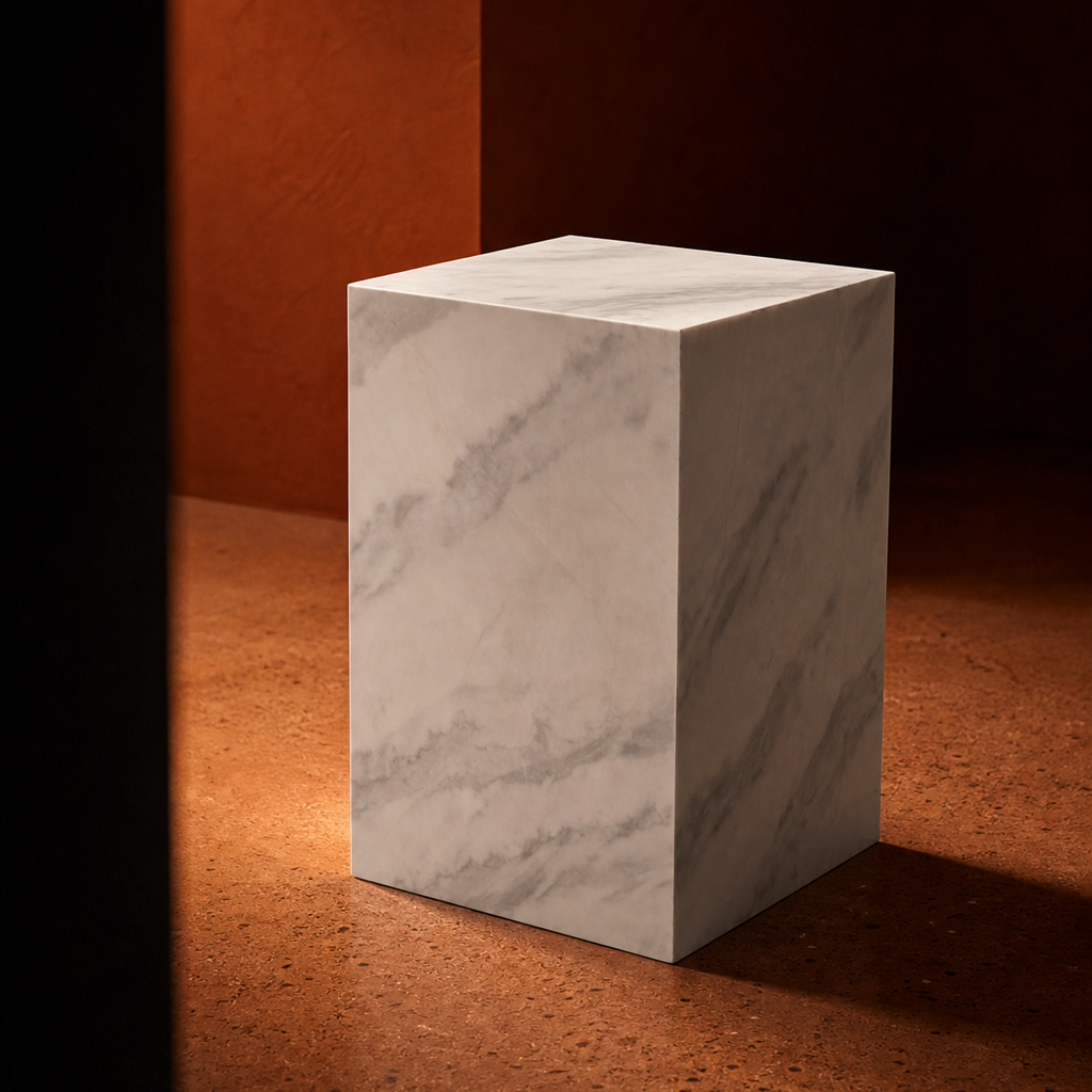 A rectangular white marble pedestal with gray veining, set against a warm, dark brown textured background.