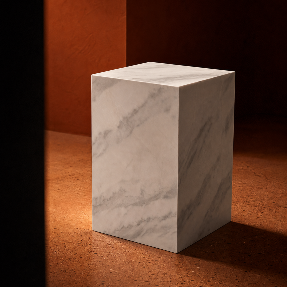 A rectangular white marble pedestal with gray veining, set against a warm, dark brown textured background.