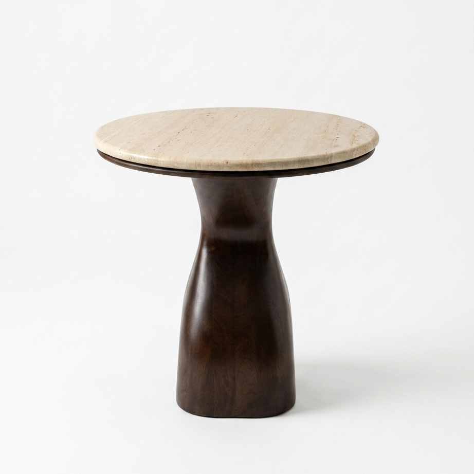 A modern side table featuring a round, light beige travertine stone top and a sculptural, tapered dark brown wooden base, photographed on a seamless white background.