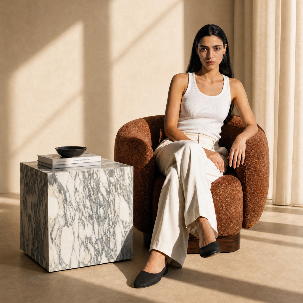 A woman sits in a brown upholstered armchair in a sunlit room, wearing a white tank top and light beige wide-leg pants. A calacatta verde marble side table with stacked books and a small black bowl sits beside her.