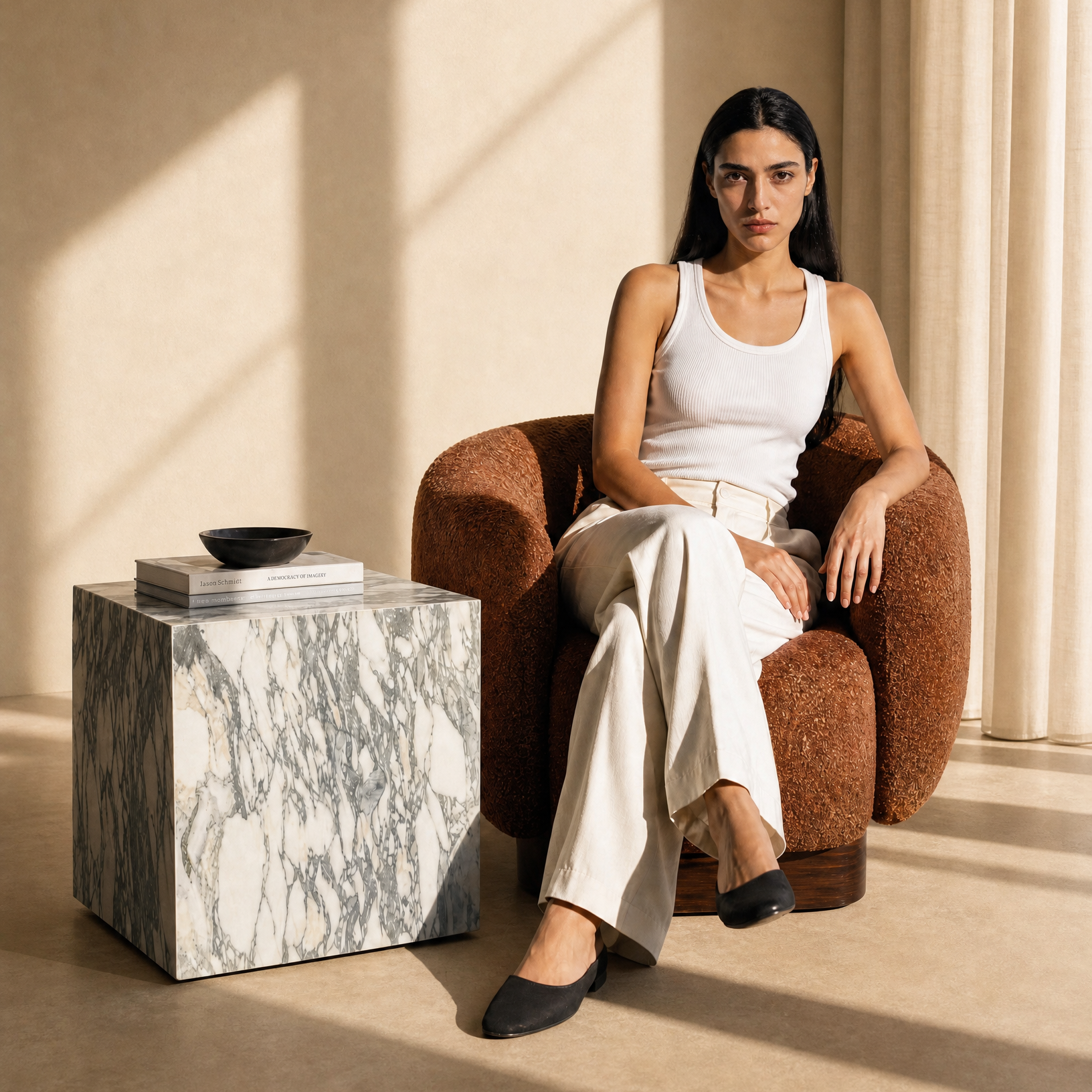 A woman sits in a brown upholstered armchair in a sunlit room, wearing a white tank top and light beige wide-leg pants. A calacatta verde marble side table with stacked books and a small black bowl sits beside her.