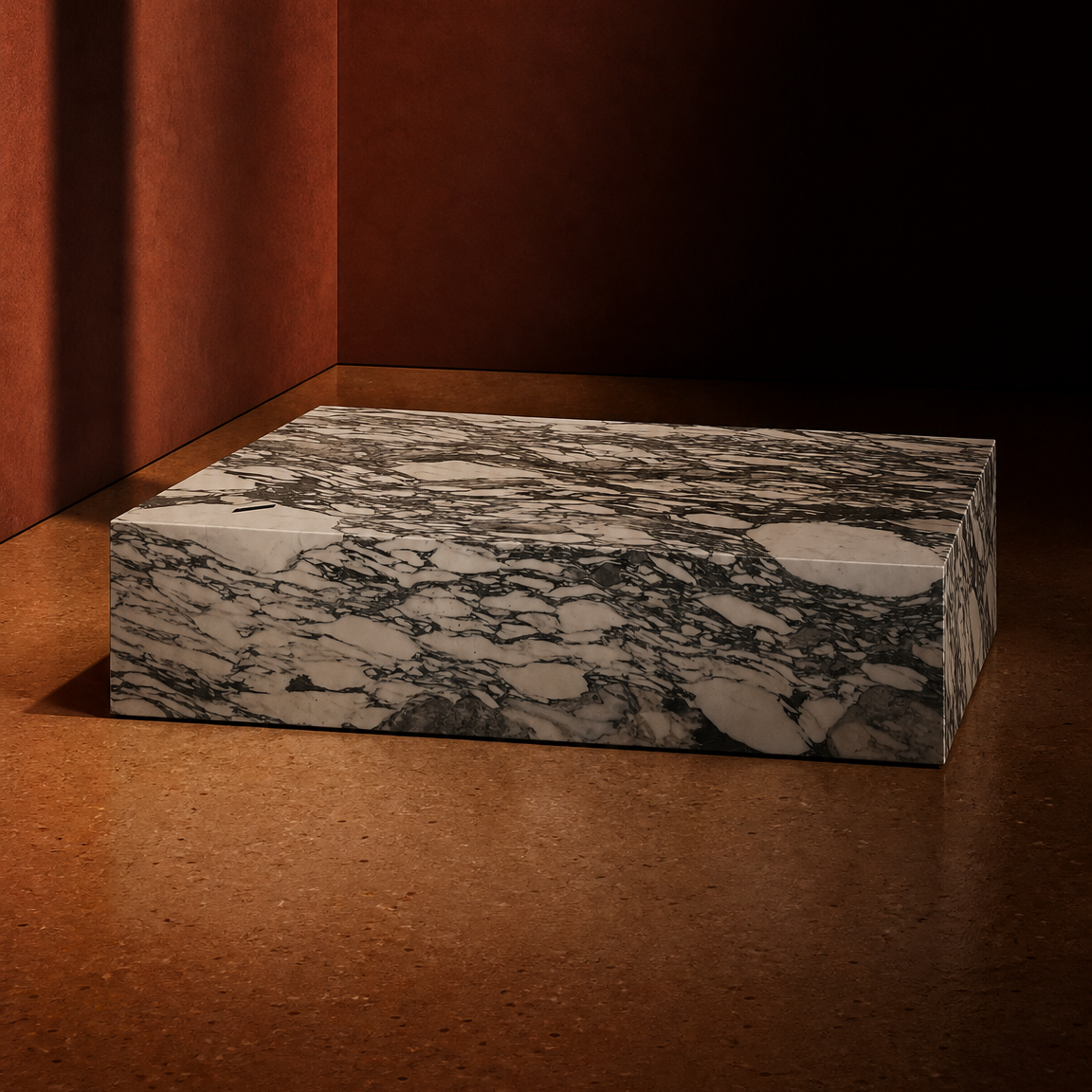 A rectangular marble coffee table with a gree-gray and white veined pattern, set on a warm brown surface against a dark brown textured background.