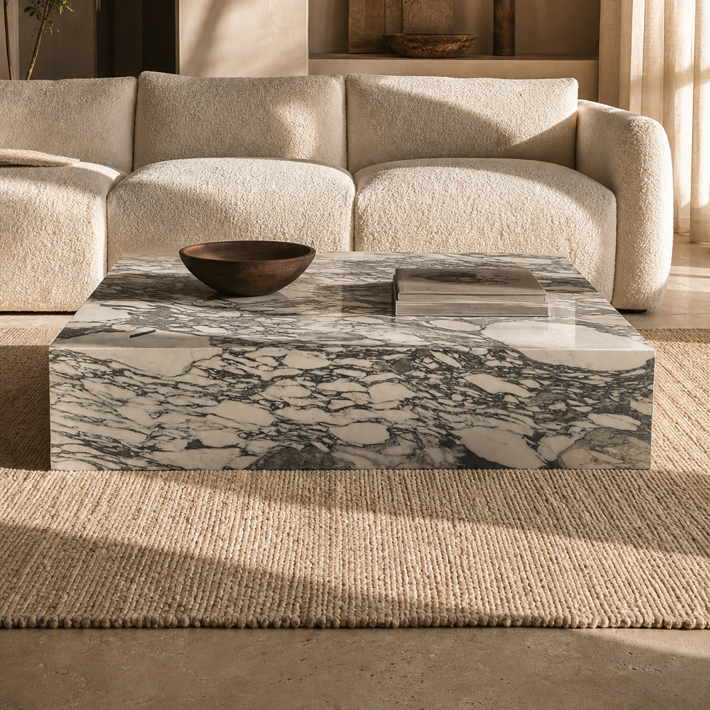A modern living room scene featuring a low rectangular coffee table with a gray-green and white calacatta marble pattern, styled in front of a cream-colored textured sofa.