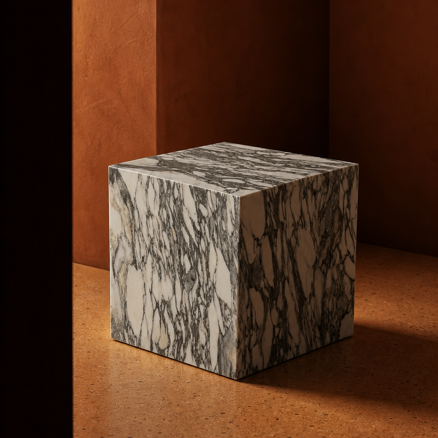 A cube-shaped marble side table with a white and gray-green veined pattern, set against a warm terracotta-colored background.