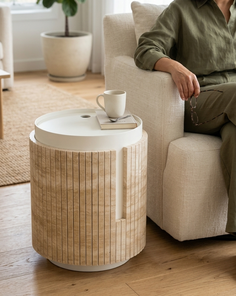A woman sits in a light beige armchair in a bright living room, next to a cylindrical side table with a fluted light travertine exterior and a white top. The table holds a white mug and a small book.