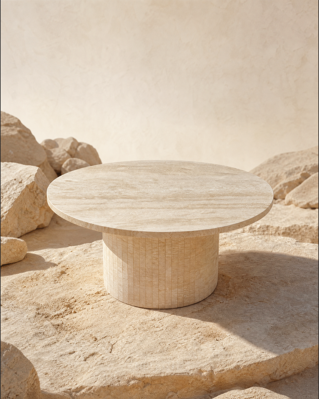 A round travertinestone coffee table with a textured, ribbed cylindrical base, set on a sandy surface with large rocks and a textured beige wall in the background.