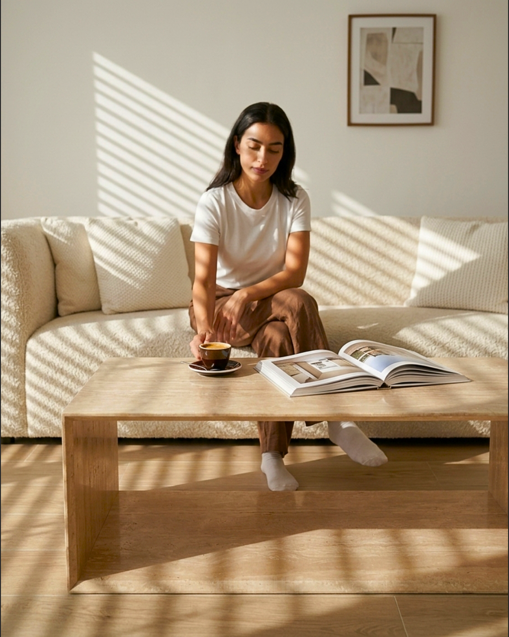 A woman sits on a cream-colored sofa in a sunlit living room, holding a cup of coffee beside an open magazine on a travertine coffee table. She is wearing a white t-shirt and brown pants.