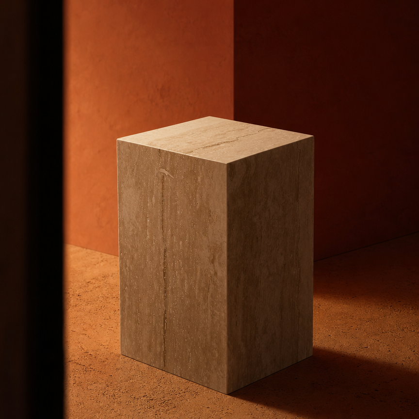 A rectangular travertine pedestal block, standing in a warm, terracotta-colored studio setting with dramatic side lighting.