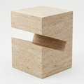 A modern geometric side table made of light beige travertine stone, featuring a split-block design with a central cutout, shown on a plain light gray background.