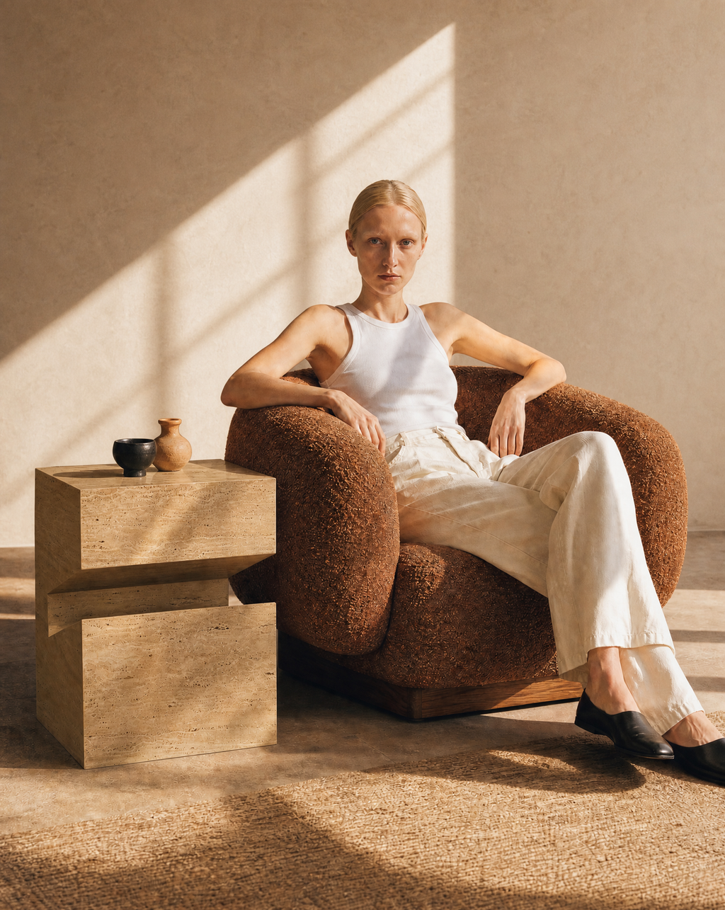 A woman sits in a plush, rounded brown boucle armchair in a sunlit room with textured beige walls and floor. She wears a white sleeveless top and white wide-leg pants, with black shoes. next to her, there is travertine side table with diagonal cutout