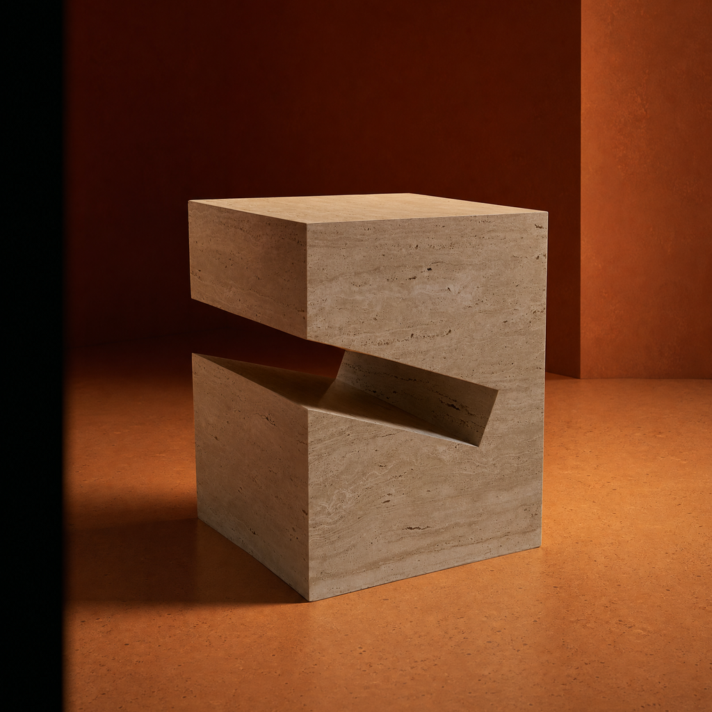 A modern geometric side table made of light beige travertine stone, featuring a split-block design with a central cutout, shown on a plain light gray background.
