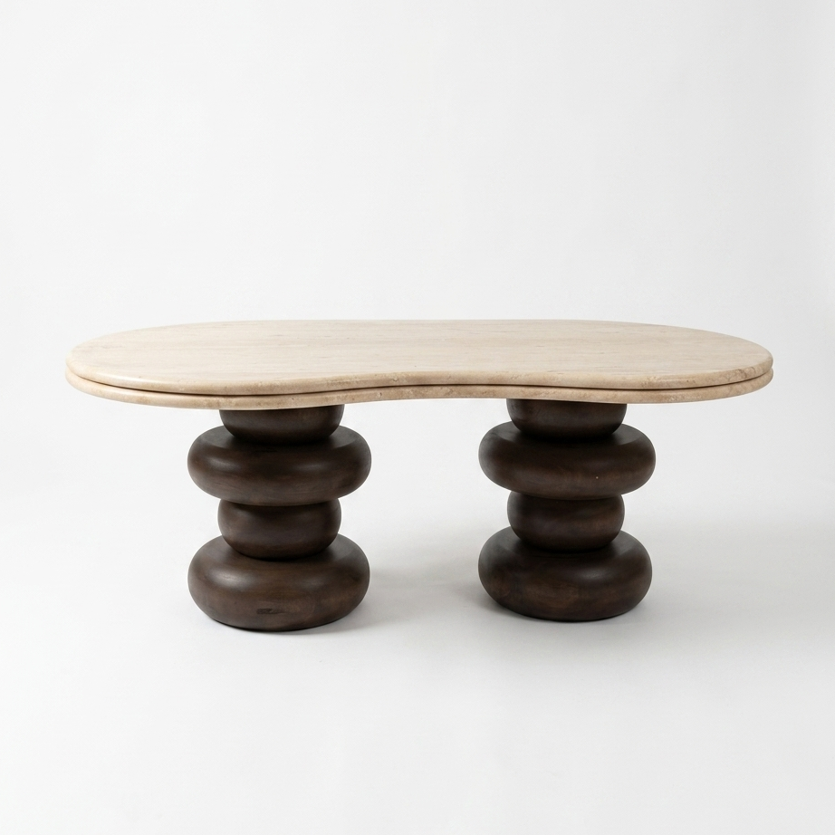 A modern wooden coffee table with a light beige curved travertine top and dark brown stacked round legs, photographed against a clean white background.