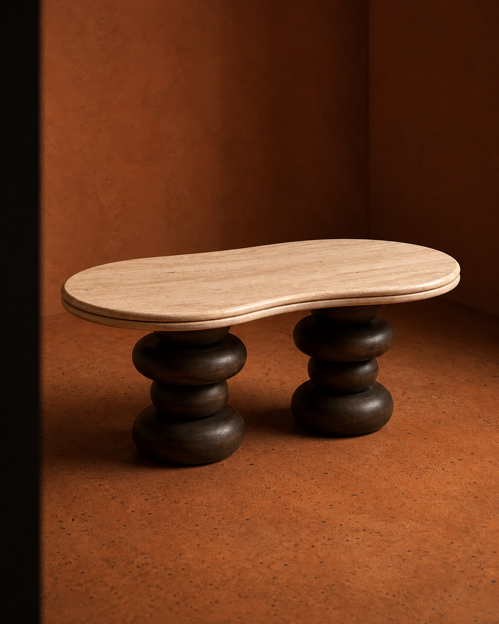 A modern low coffee table with a light beige travertine oval tabletop and dark brown stacked round legs, set against a warm terracotta textured background.
