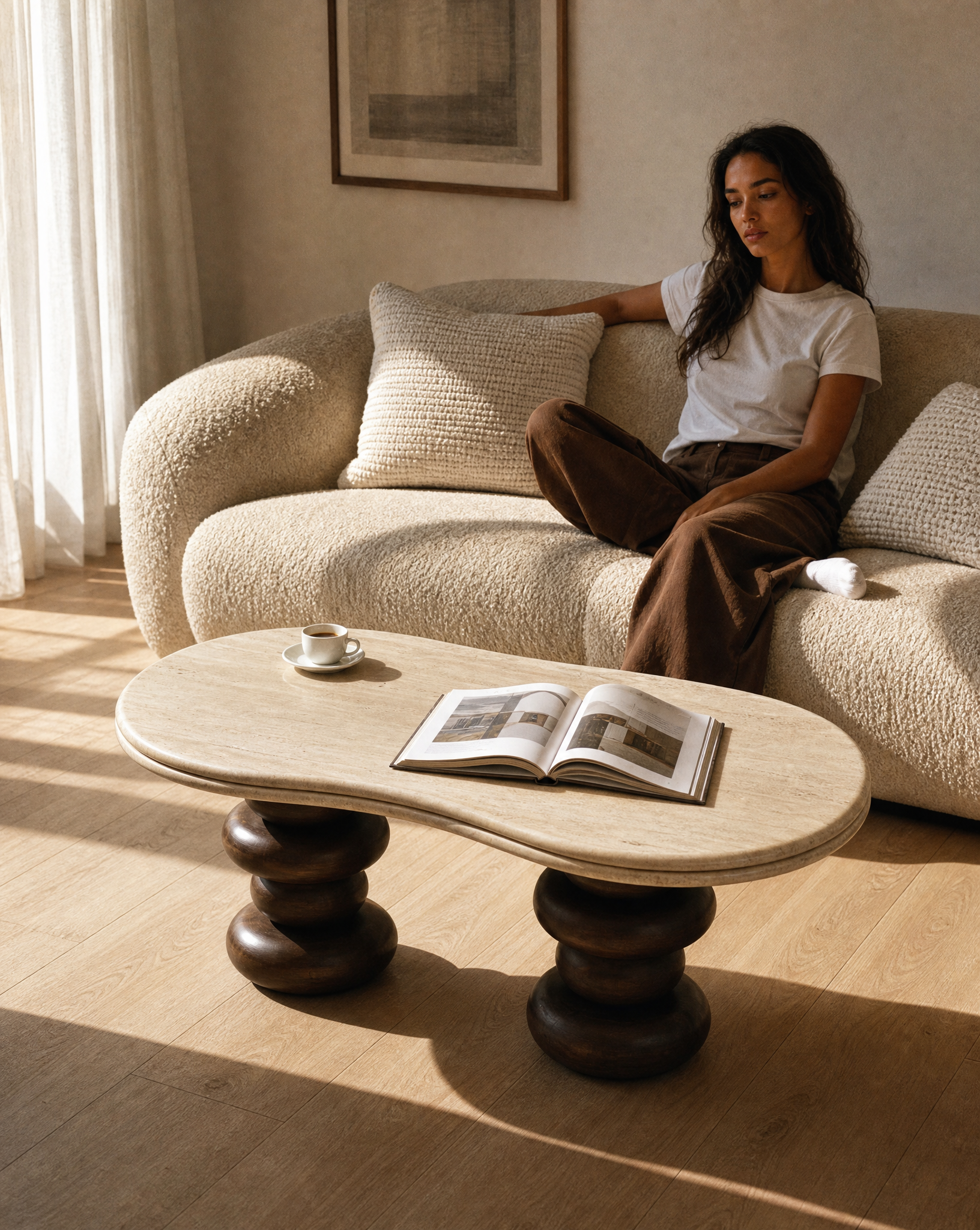 A woman sits on a textured cream boucle sofa in a sunlit living room, with a light travertine coffee table in the foreground and a book and cup on the surface.