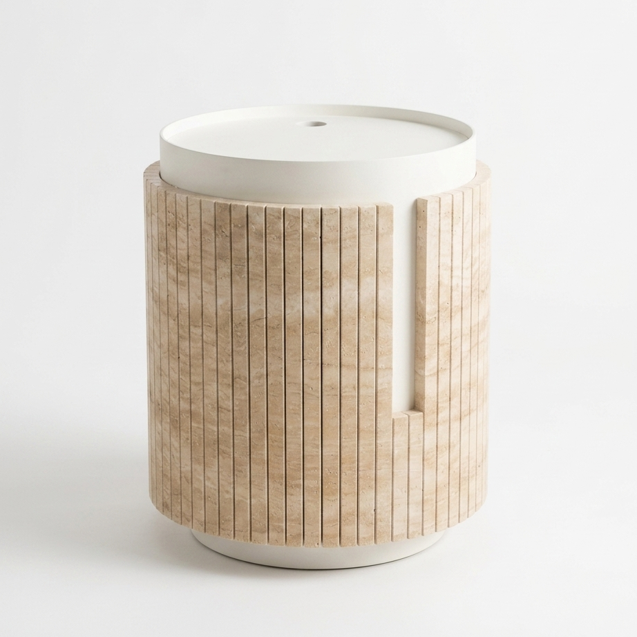 A modern cylindrical side table featuring a light natural travertine body and a smooth white ceramic top and base, set against a clean white background.