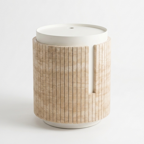 A modern cylindrical side table featuring a light natural travertine body and a smooth white ceramic top and base, set against a clean white background.