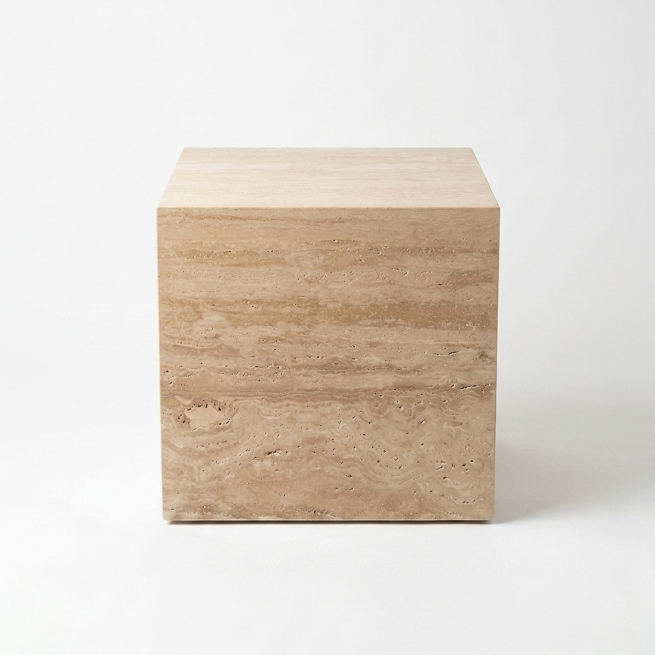 A square side table made of natural travertine stone with a light beige and tan layered texture, photographed on a seamless white background.