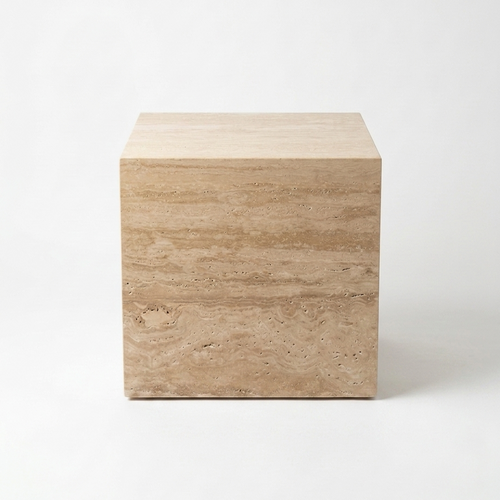 A square side table made of natural travertine stone with a light beige and tan layered texture, photographed on a seamless white background.