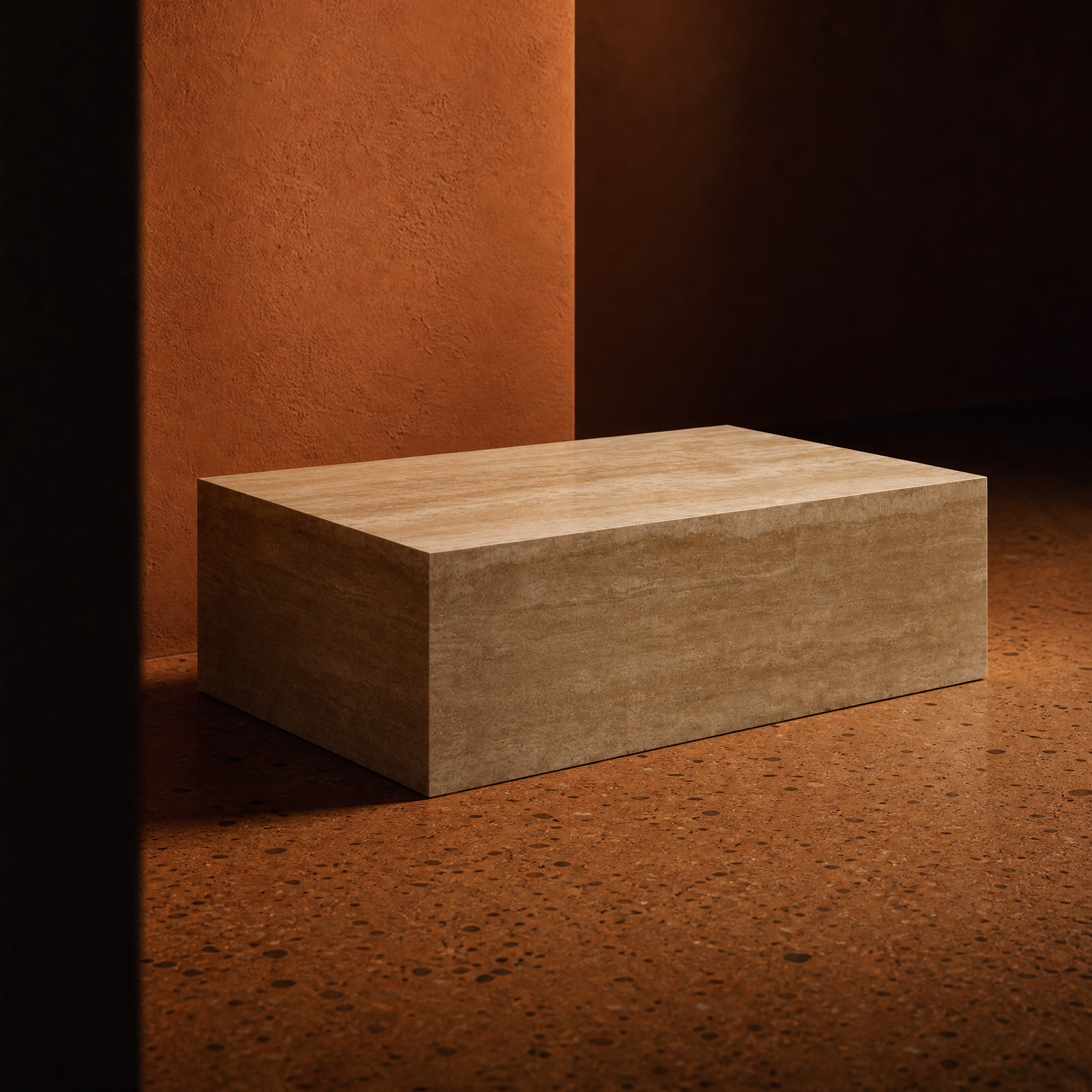 A rectangular travertine coffee table, set against a dark textured background with warm orange and brown lighting.