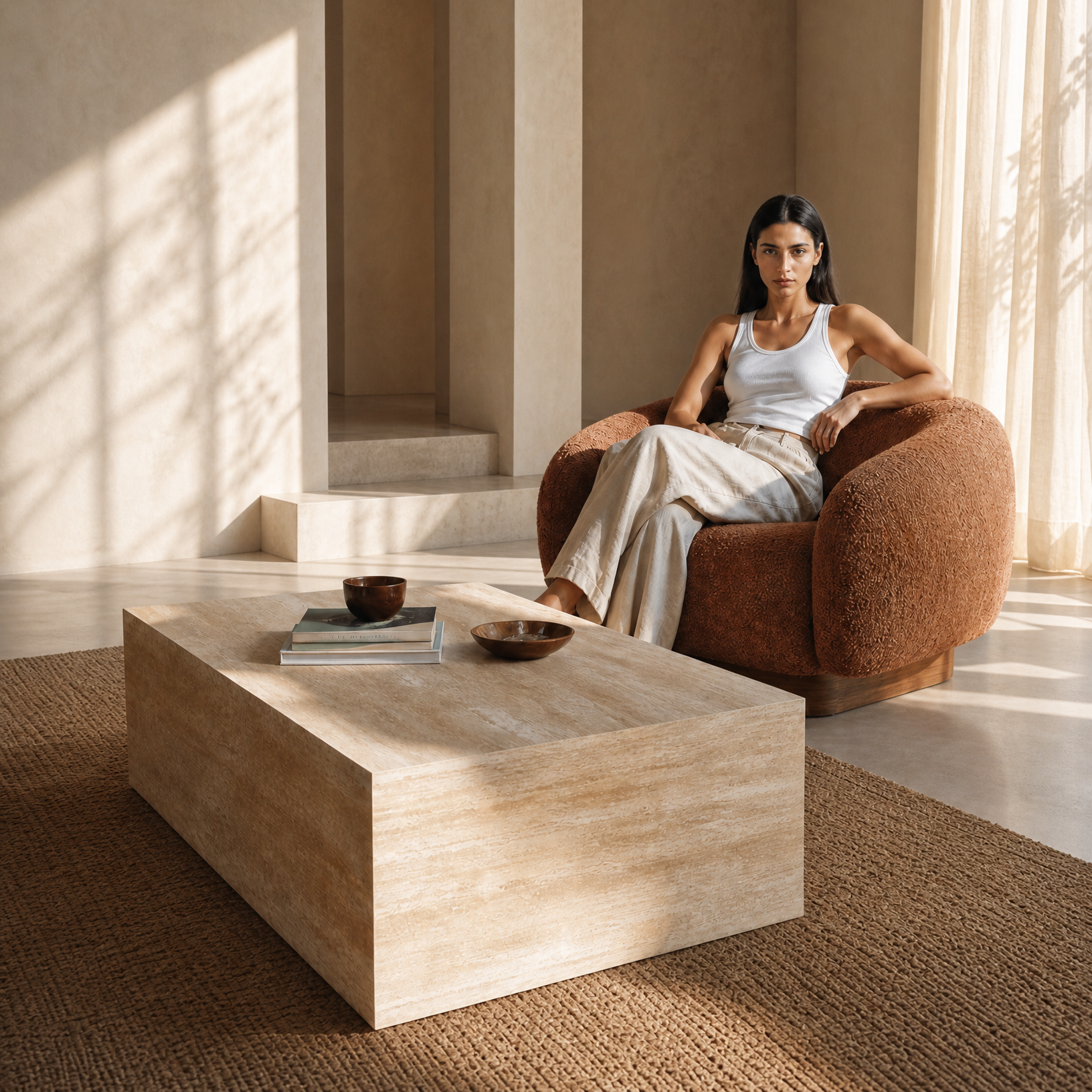 A woman sits in a rounded rust-brown armchair in a warm, minimalist interior with textured beige walls and a matching travertine stone coffee table.
