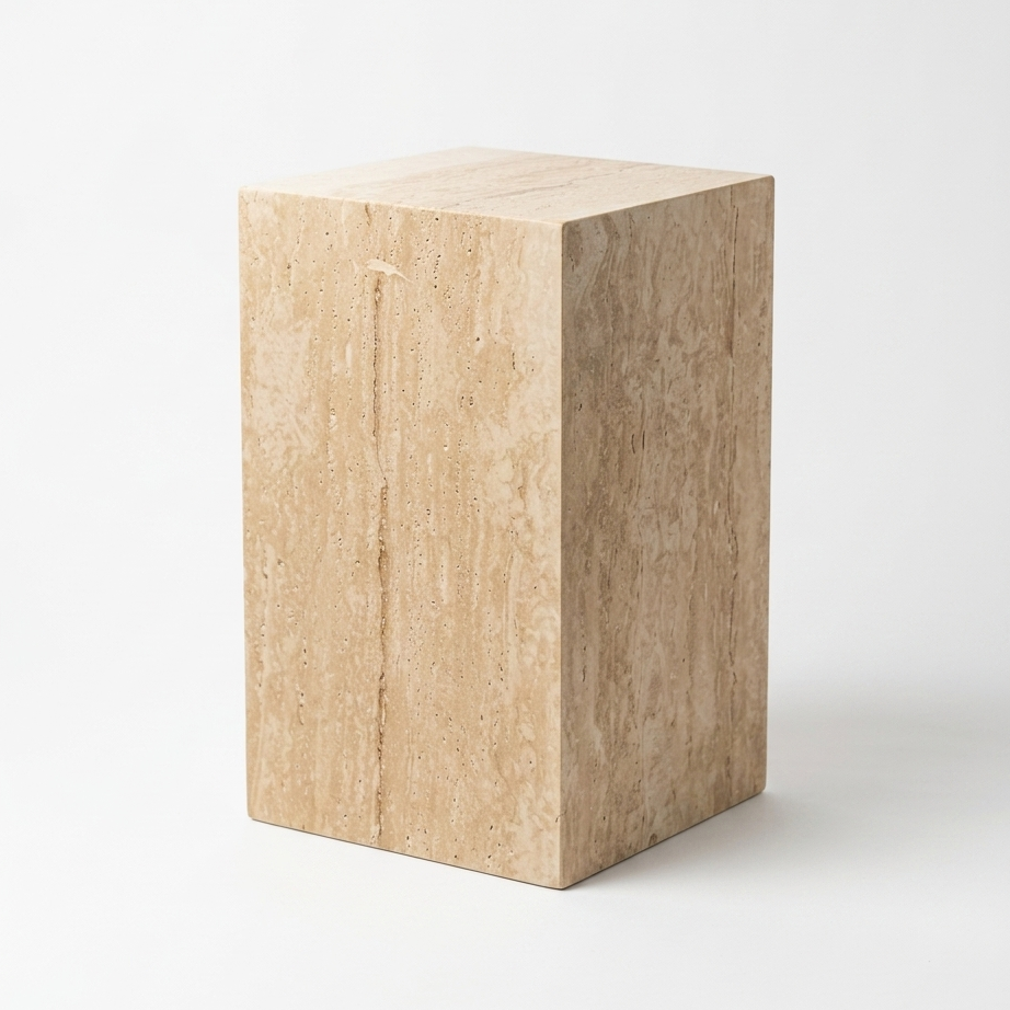 A rectangular stone pedestal or side table made of light beige travertine, shown on a clean white background.