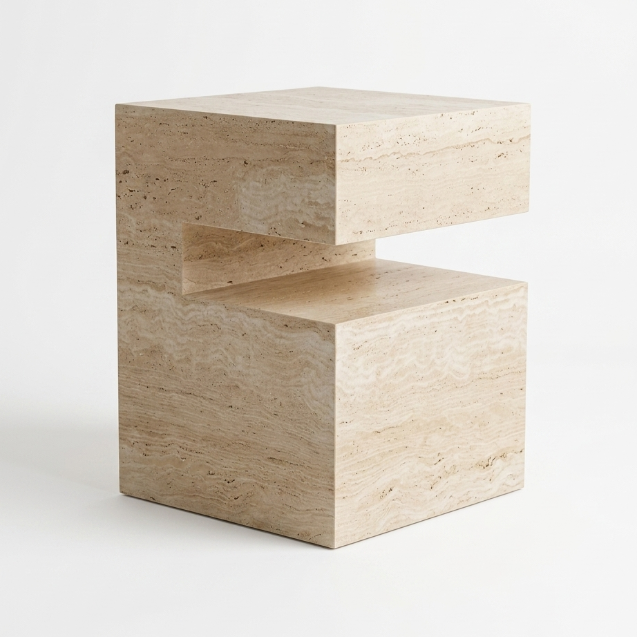 A modern geometric side table made of light beige travertine stone, featuring a stepped, block-like design on a clean white background.