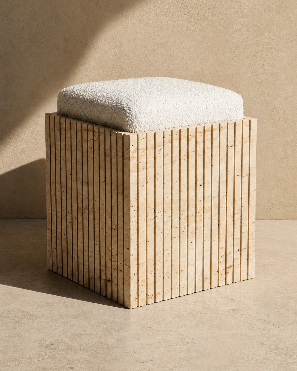 A modern cube-shaped stool with a vertical slatted natural travertine stone and a thick, textured off-white cushion, set against a warm beige background with dramatic diagonal shadows.
